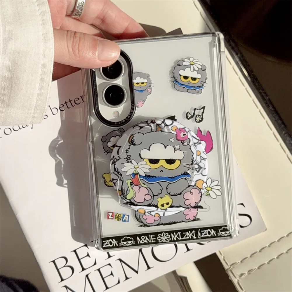 Koreańskie urocze etui na telefon z motywem kwiatowego kotka, magnetyczne, do Samsung Galaxy Z Fold 8 Ultra Fold 8 7 Fold 8, z podstawką Magsafe i łańcuszkiem. — zdjęcie produktu 3