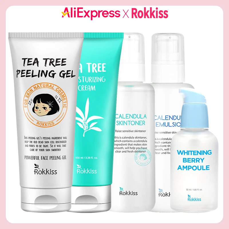 Rokkiss Tea Tree Peeling Gel, 120ml + Calendula SkinToner Emulsion SET, 150ml + Whitening Berry Ampoule, 55ml + Tea Tree Moisturizing Cream, 100ml