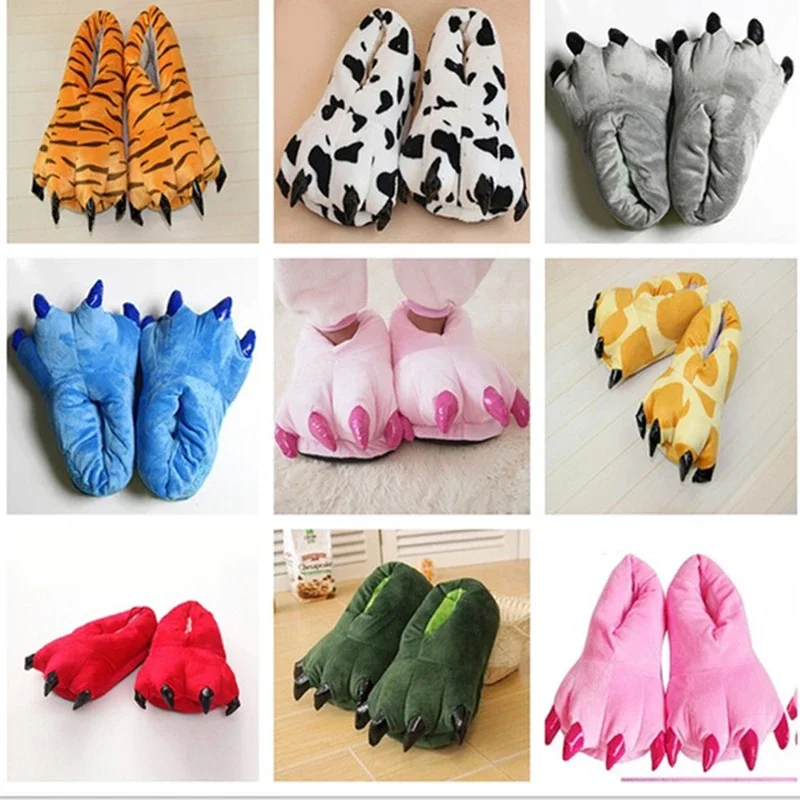 Inverno quente macio chinelos de chão interior das mulheres dos homens sapatos pata engraçado animal