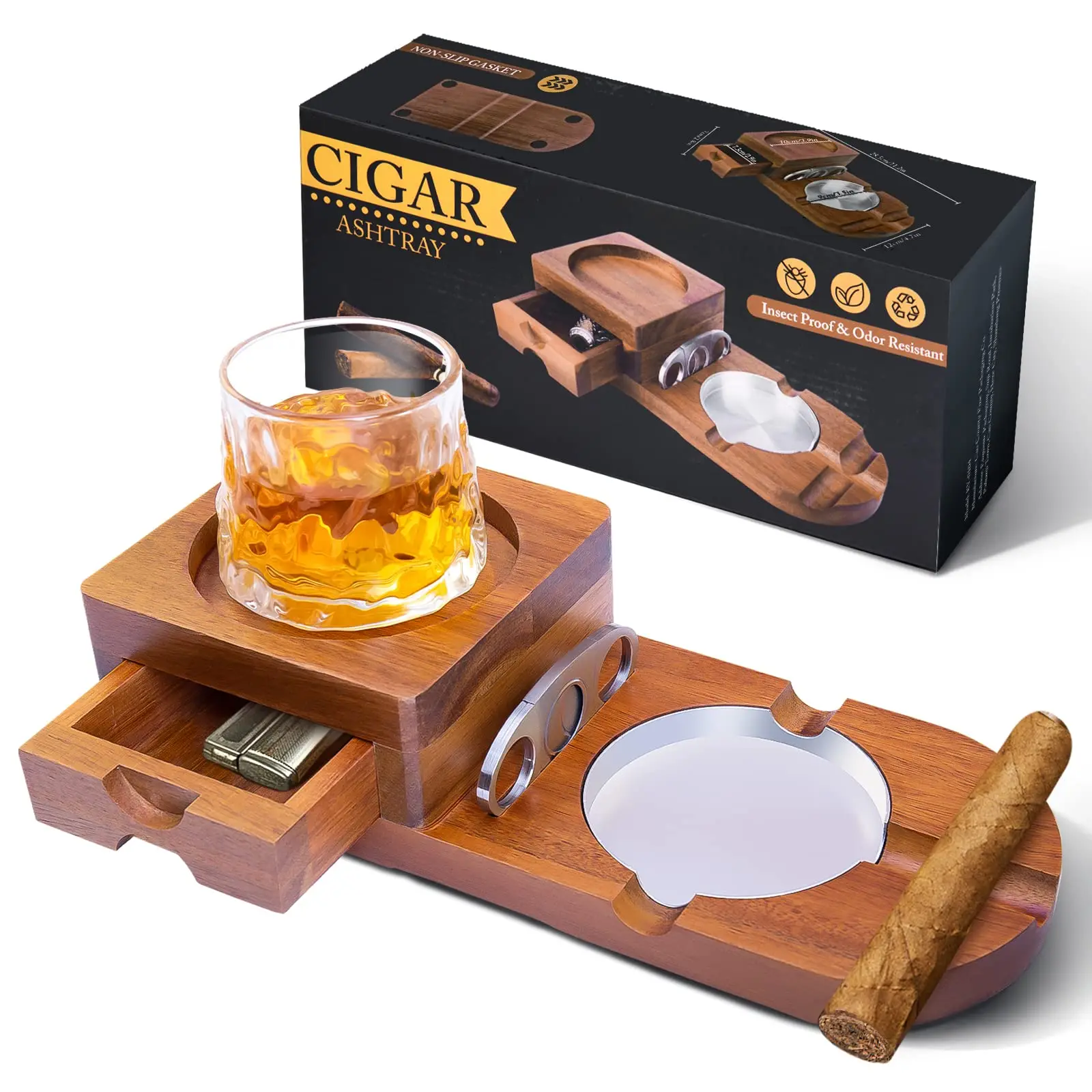 

Cigar Ashtrays Wooden Cigar Holder with Cigar Cutter Whiskey Accessories Cigar Luxury Gifts Cigar Accessories for Men Christmas