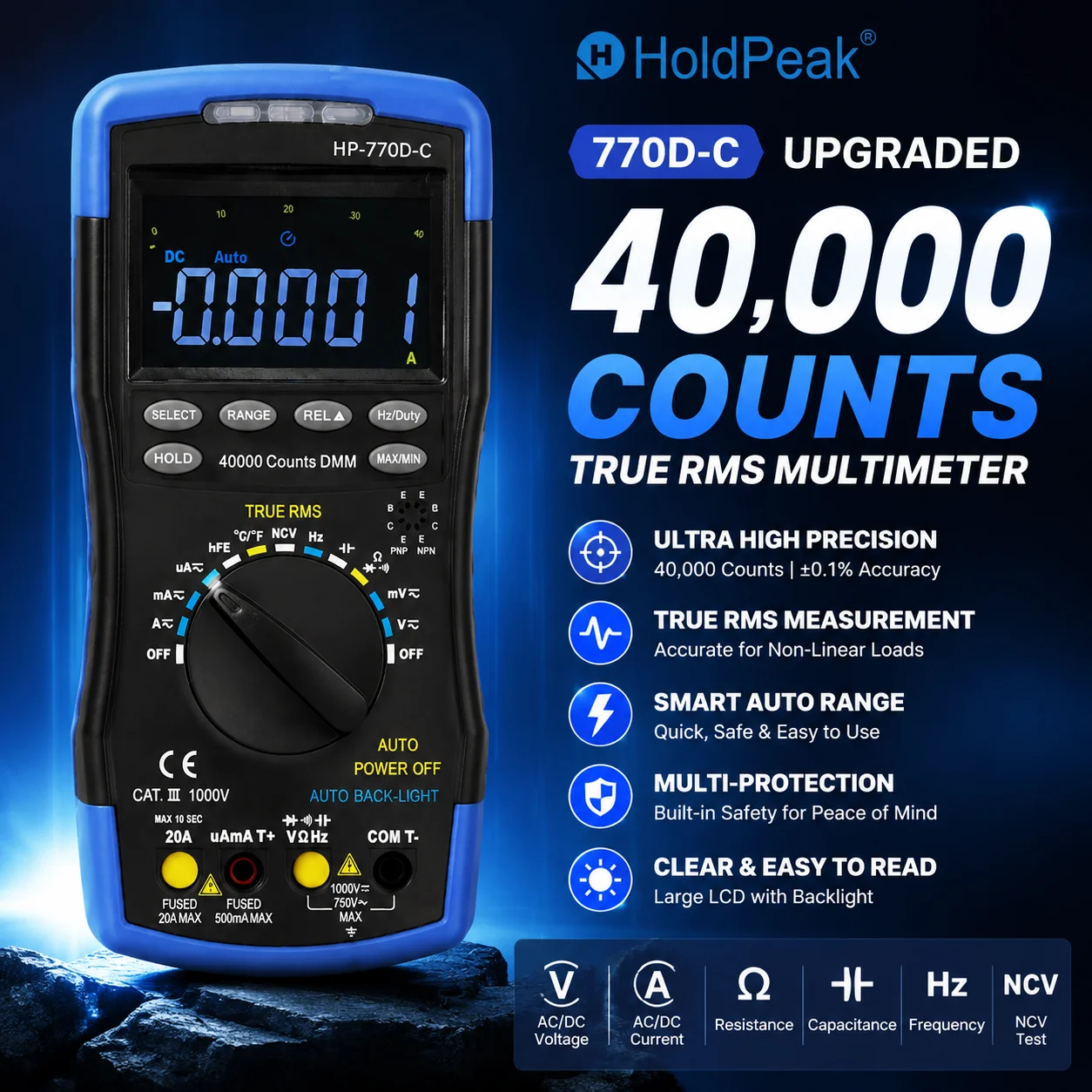 HoldPeak LCD Digital Multimeter,40000 Counts True RMS Auto Range Multimetro Measure, AC DC Ohm Volt Amp Capacitor Tester,770D-C
