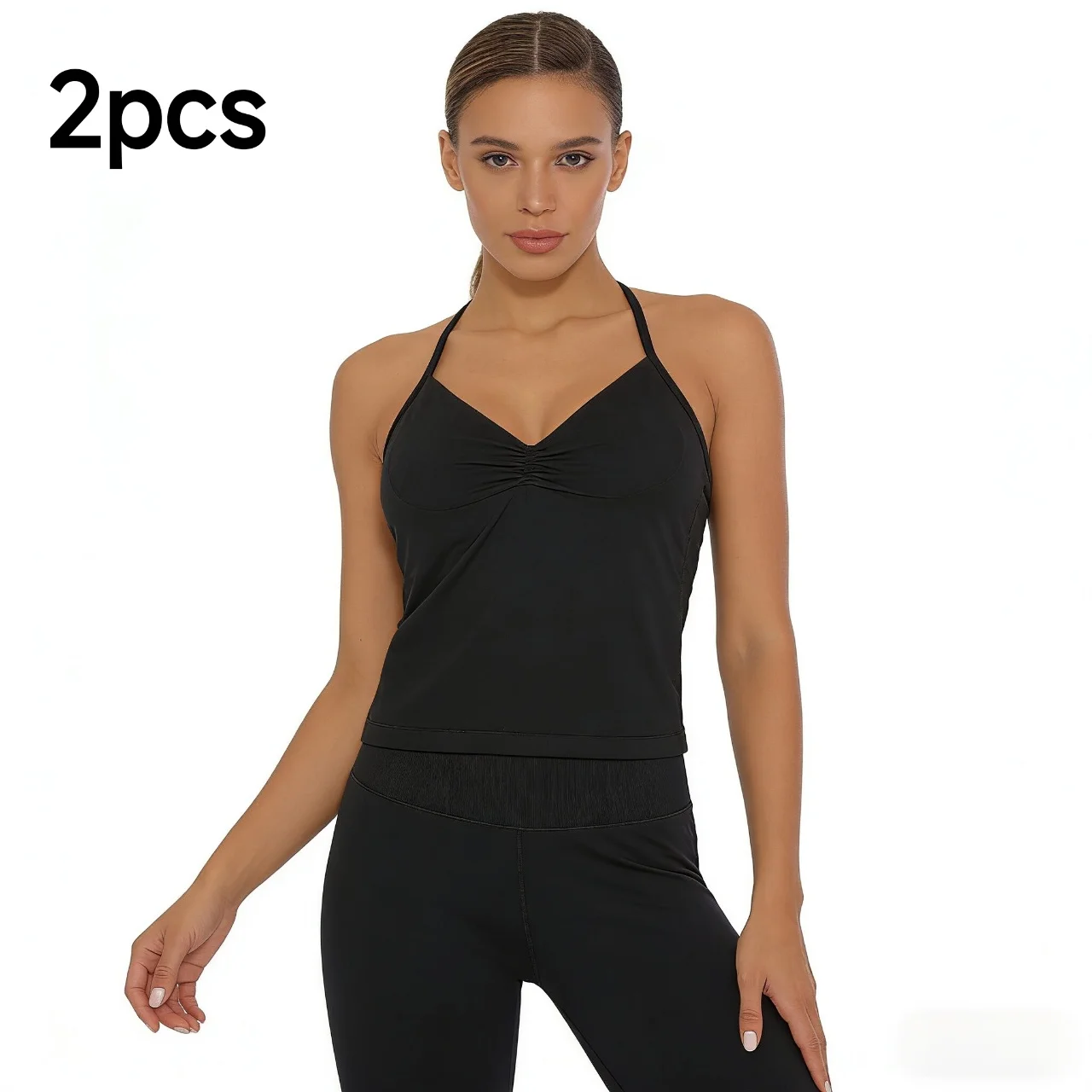 

Комплект для йоги D L0G0 из 2 предметов: бесшовный топ с V-образным вырезом и бретелями через шею, леггинсы с высокой талией и эффектом пуш-ап, женская спортивная одежда для тренировок PHGYL Impact