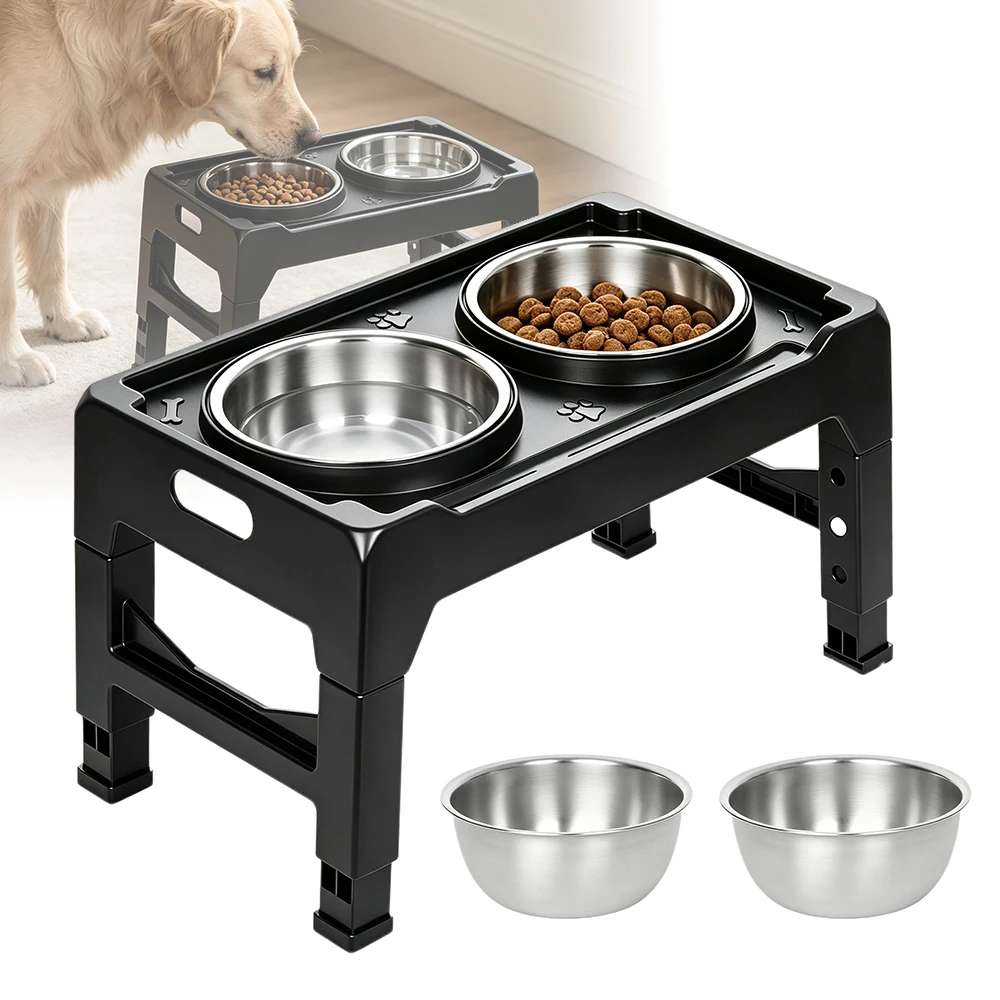 Ciotole per Cani Regolabili in Altezza a 4 Livelli con Doppia Ciotola in Acciaio Inox, Supporto Rialzato per Ciotole, Antiscivolo, Accessori per Animali Domestici per Cani di Piccola, Media e Grande