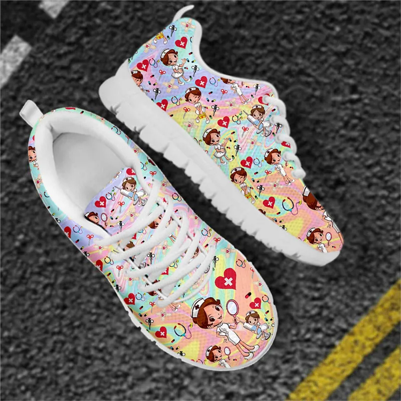 INSTANTARTS Kawaii Nurse Girls Rainbow Gradient Print Women's Nurse Shoes Healthcare Design Casual Flats Ladies Light Footwear