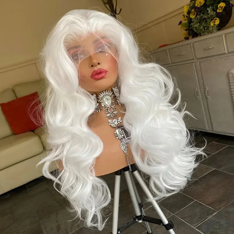 White Curly Lace Front Wig Thick Synthetic Luxury Wig Highest Quality Heat Protected Fibre Cosplay Wig for Daily Party Halloween