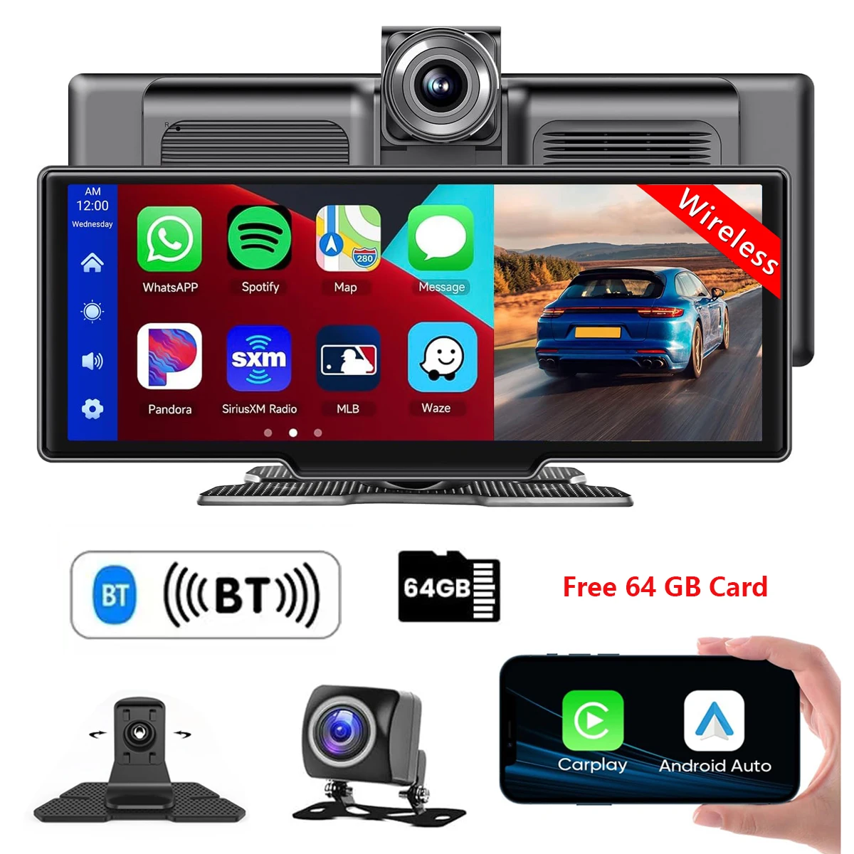 

9.3" Portable Wireless Carplay Screen Car Radio IPS Touchscreen Car Video Player Android Auto with 2.5K Dash Cam and Rear Camera