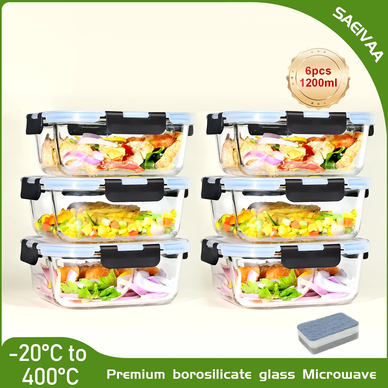 Récipients de conservation des aliments en verre de 800/1200 ml, conception étanche à l'air, coffre-fort pour micro-ondes, lavable au lave-vaisselle, récipients de stockage de cuisine sans BPA