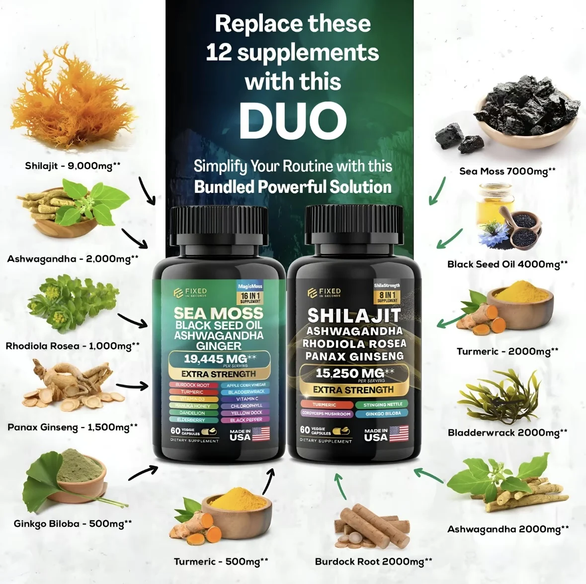 Dynamic Vitality Supplement Bundle - Sea Moss, Shilait, Black Seed Oil, Ashwagandha, Rhodiola Rosea, Panax Ginseng