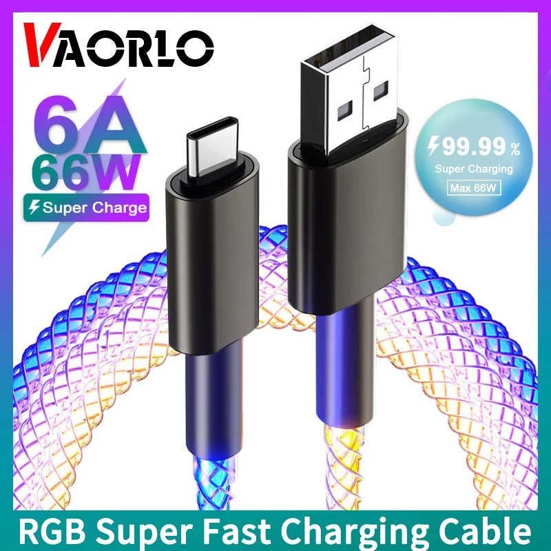 20 Вт/66 Вт макс RGB супер быстрый зарядный кабель PD100W поток Прохладный красочный стример светящаяся линия зарядного устройства для iPhone Xiaomi Huawei