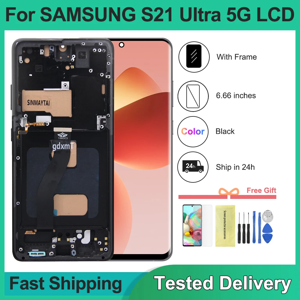 6.66\'\' Tested For Samsung S21 Ultra 5G LCD G998 G998U Display Touch Screen With Frame For Samsung S21Ultra G998B Display Replace