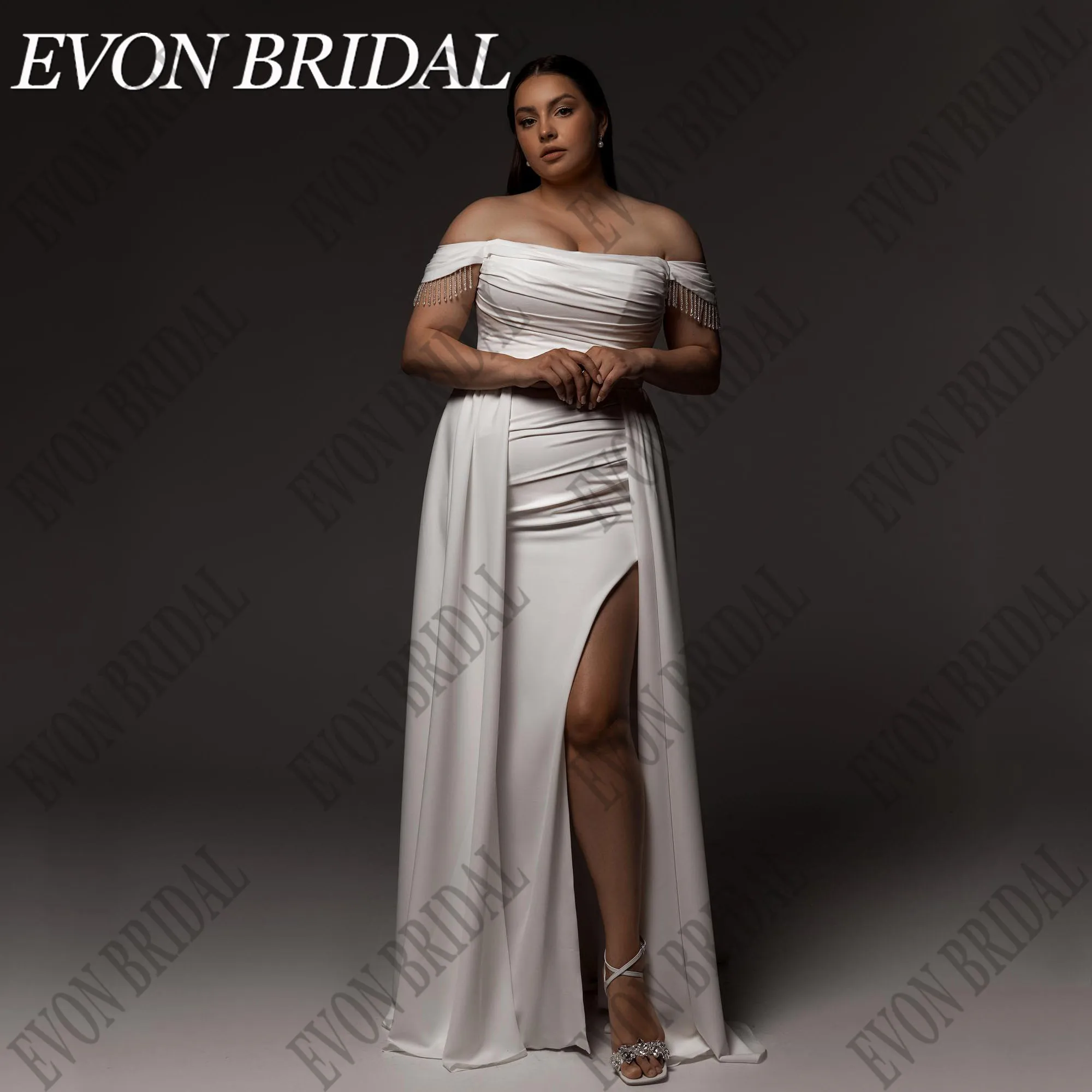 

EVON BRIDAL Customized Plus Size Mermaid Wedding Gowns Off Shoulder Satin High Side Split Big Women Bride Gown Wedding Dresses