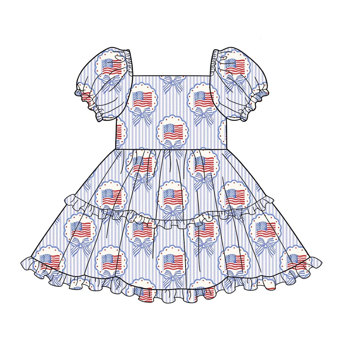 Best-Selling Boutique Children's Dress Independence Day Print Puff Sleeves and Ruffles Milk Silk Fabric Custom wholesale