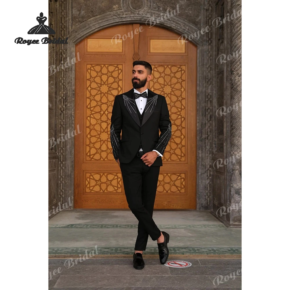 

Двубортный мужской свадебный костюм из трех предметов с бисером, 2026, вечерний костюм с пиковыми лацканами, индивидуальный костюм для мужчин