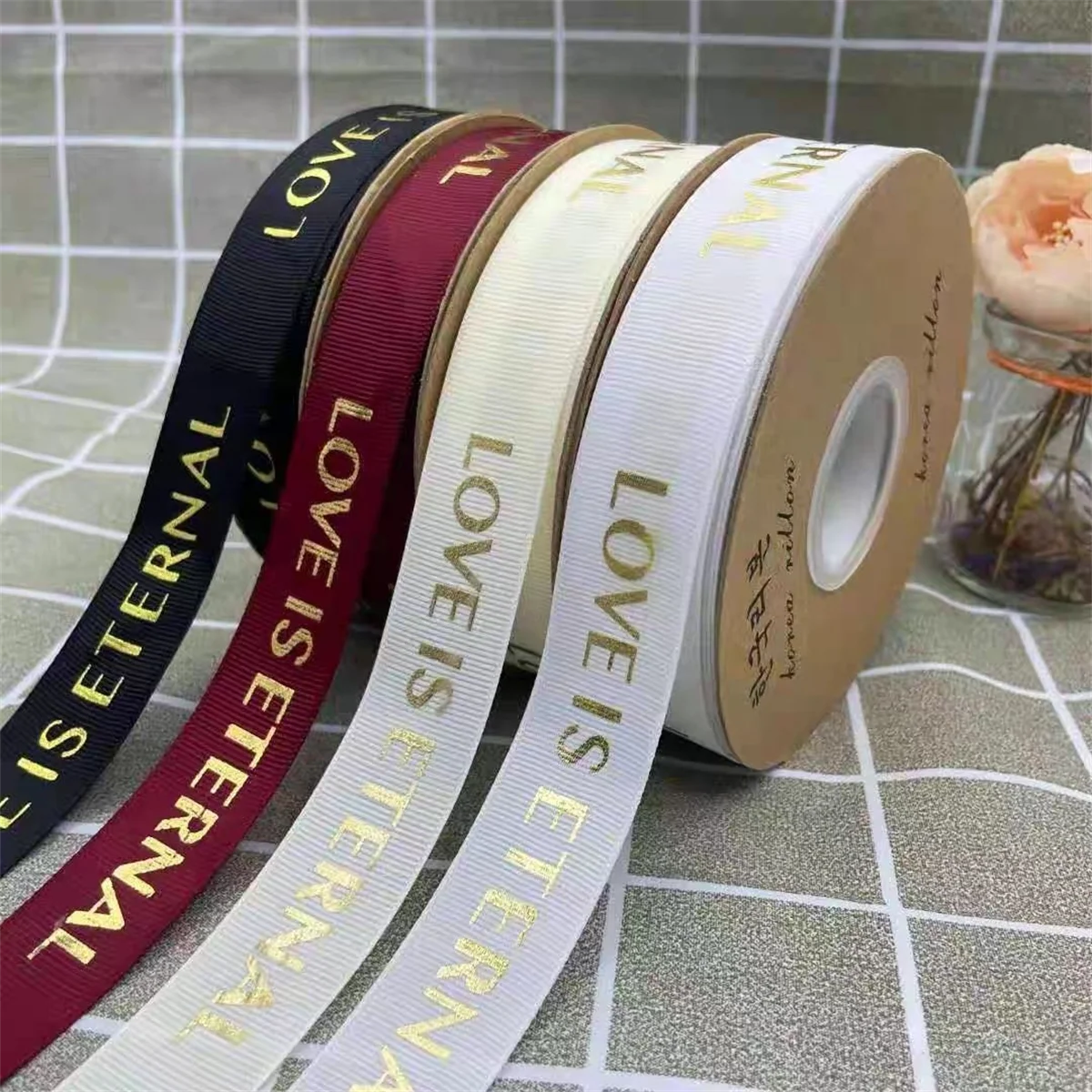 1cm/2.5cm 50Yard LOVE IS ETERNAL Gold Ribbed Silk Ribbon Bouquet Packaging Ribbon Cake Baking Packing Rope For Gifts Craft