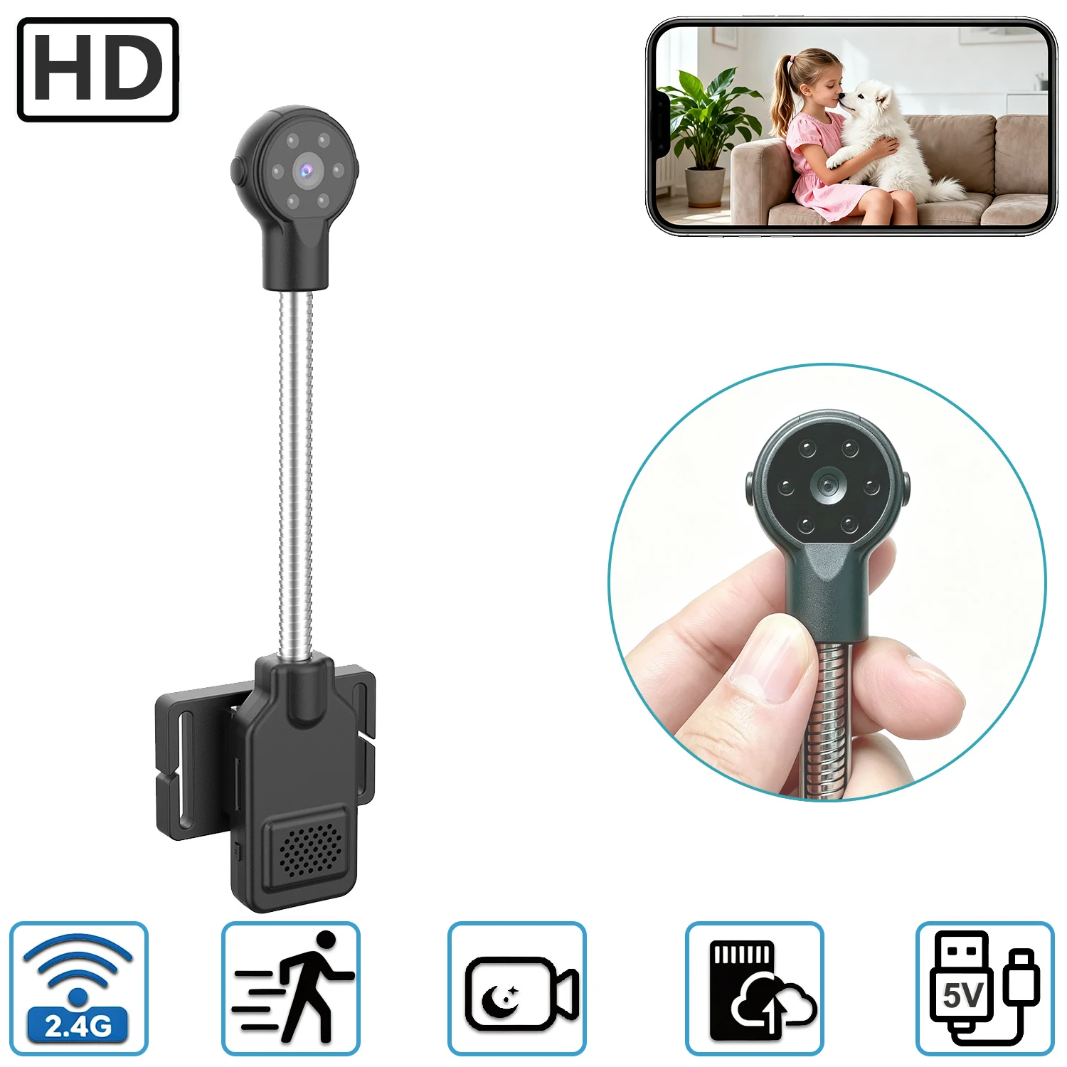Flexibele WiFi-beveiligingscamera met magnetische basis en zwanenhals, draadloze binnenbewakingscamera, mobiele afstandsbediening voor baby- en huisdierenbewaking.