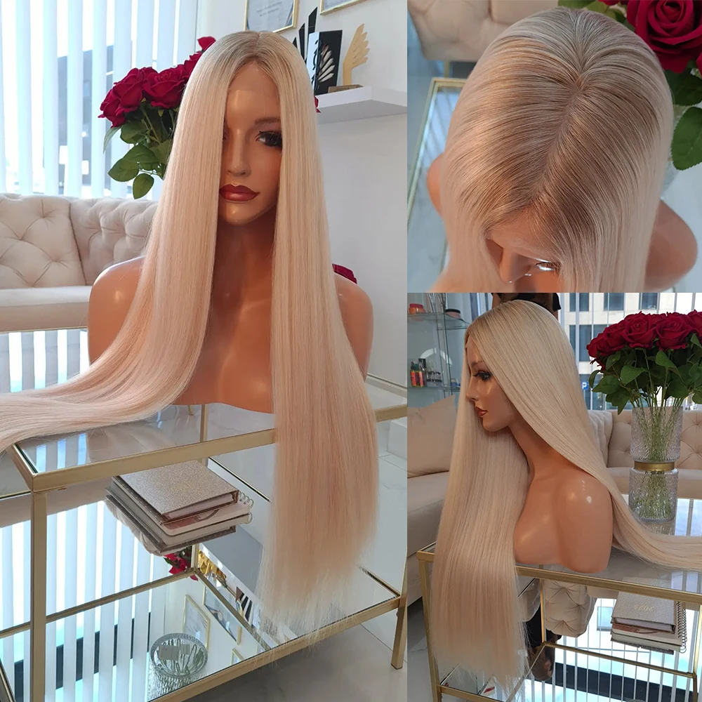 

32" Silky Straight Wig Luxury Real Hair Warm Blonde with Lightest Roots HD 13x4/13x6 Lace Front Human Hair Wigs Glueless 180%