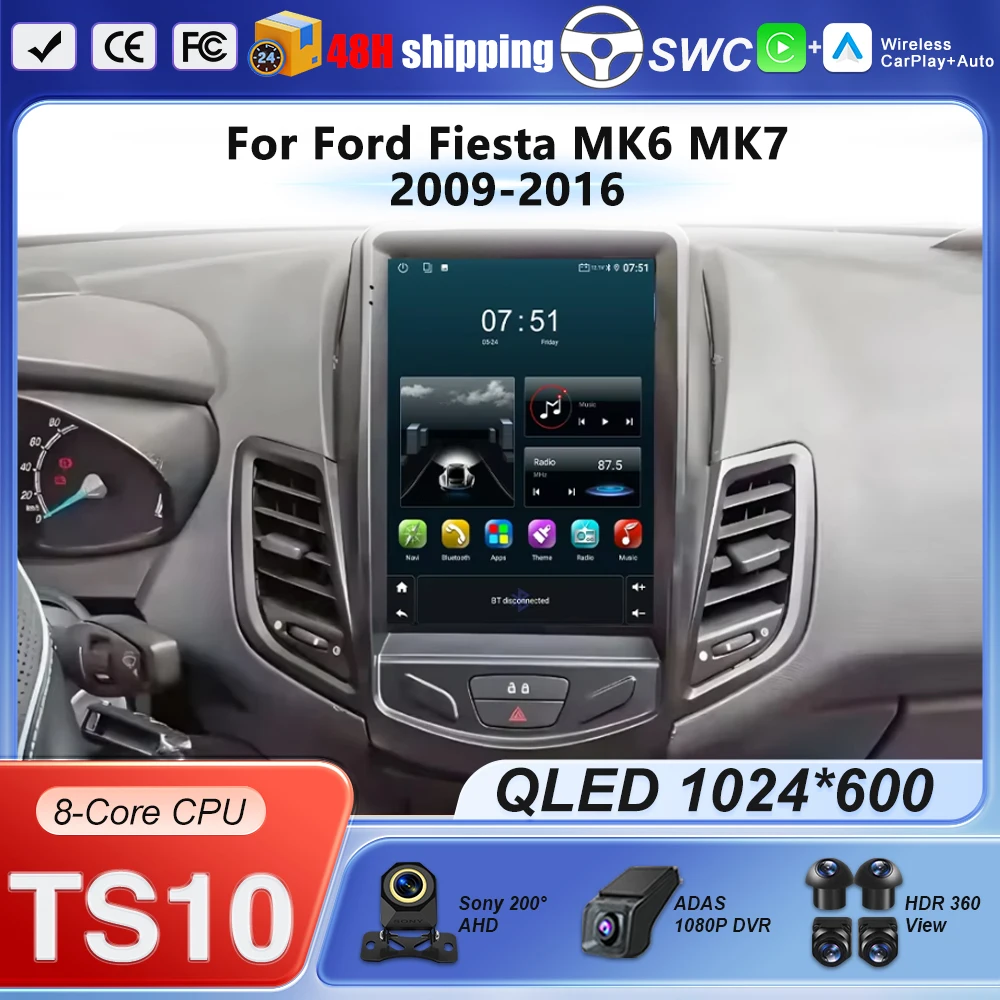 9.7 Polegada para ford fiesta mk7 2009-2016 android auto rádio multimídia player invertendo imagem navegador gps adequado sem 2din dvd