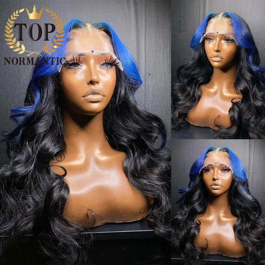 Topnormantic Blue Highlight Brazilian Hair 13x4 Lace Front Wigs with Middle Part Body Wave 13x6 Human Hair Wig for Woman Glueles