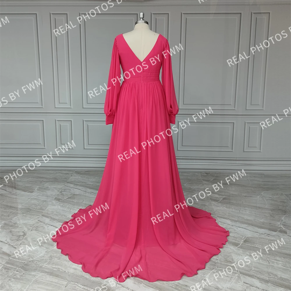 8519 # echte Fotos geschwollene lange Ärmel V-Ausschnitt Falten Chiffon A-Linie Abendkleid Sweep Zug rücken frei Party Ballkleid für Frauen