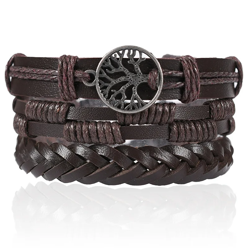 

Tree of Life Leather Bracelet Set – Vintage Multi-Layer Adjustable Wristbands with Beads & Braids for Men