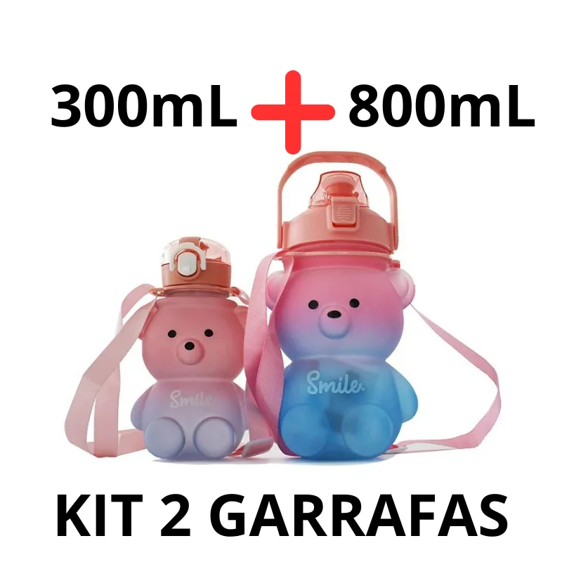 Kit 2 Garrafas Fofo Infantis de Urso Desenho Animado 300 + 800 mL Otimo para a Escolinha - Envio Imediato para todo o Brasil