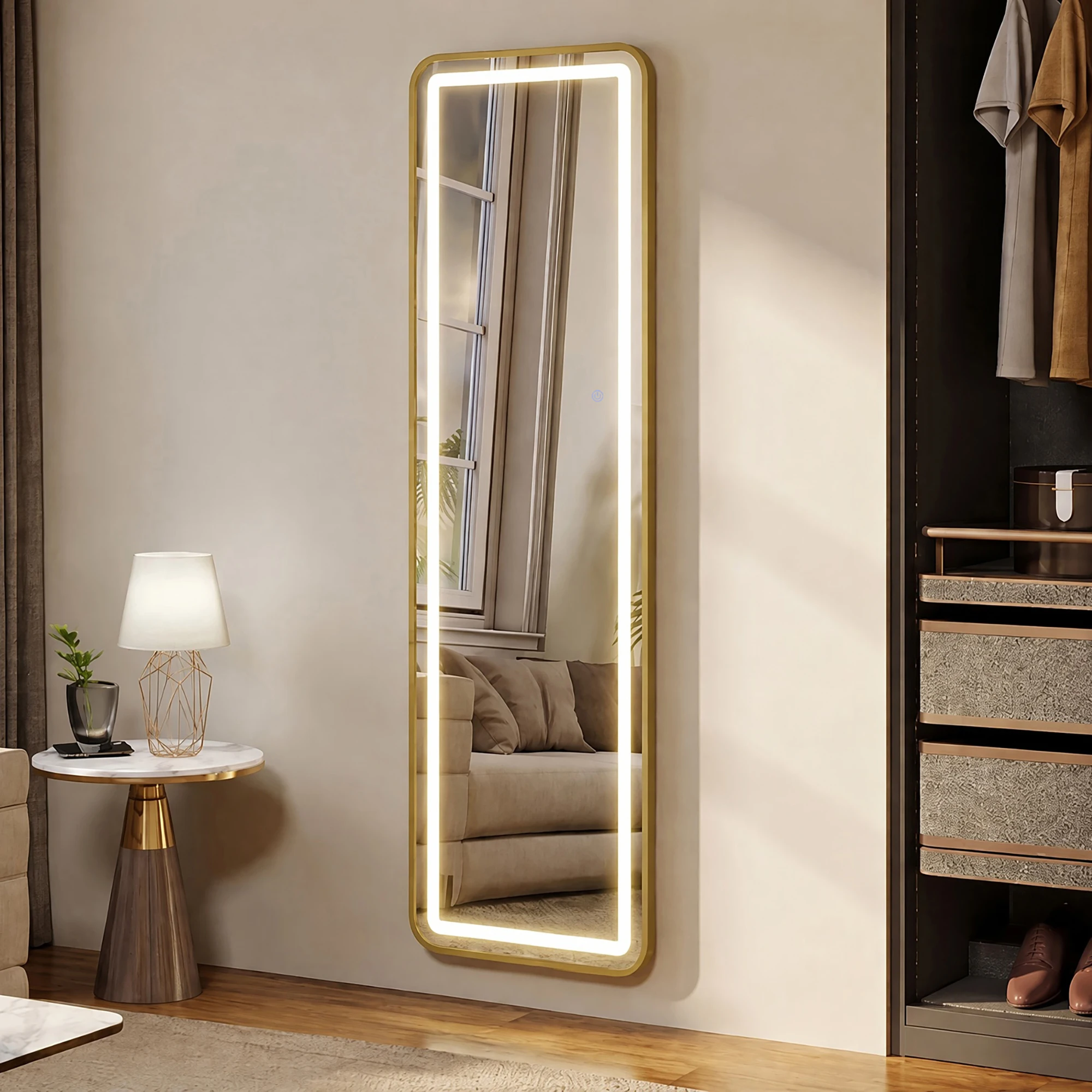 Simurq Specchio a figura intera 150x40 cm, specchio da terra, specchio da parete rettangolare con cornice dorata, specchio da trucco in vetro temperato, per camera da letto e spogliatoio