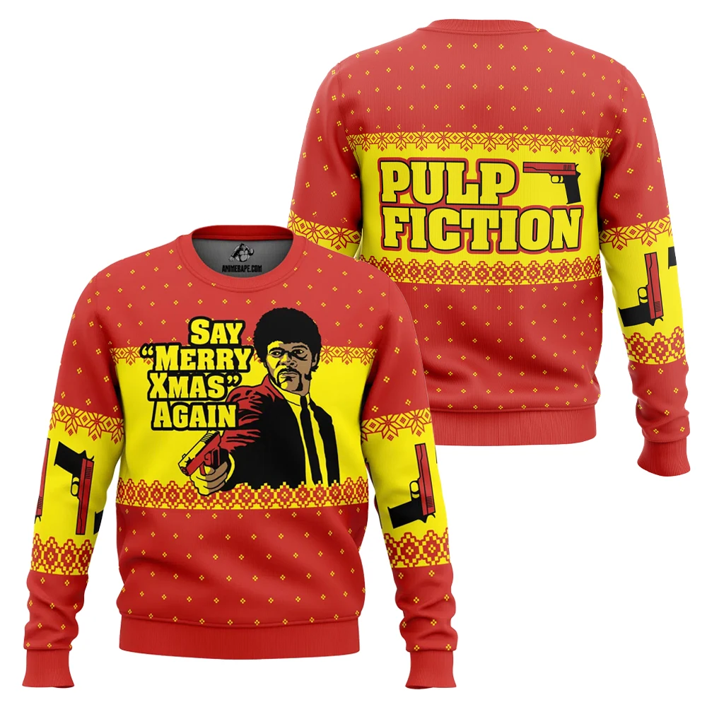 

Merry Xmas Again Pulp Fiction Ugly Christmas Sweat Винтажный художественный свитер из фильма Мужской женский джемпер для праздничной вечеринки Рождественский подарок 2026