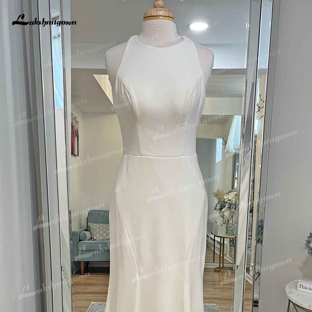 Einfache Halfter sexy Open Back Button Satin Meerjungfrau Brautkleid benutzer definierte für Frauen Boho Brautkleider Sweep Robe de Mariée Vestidos