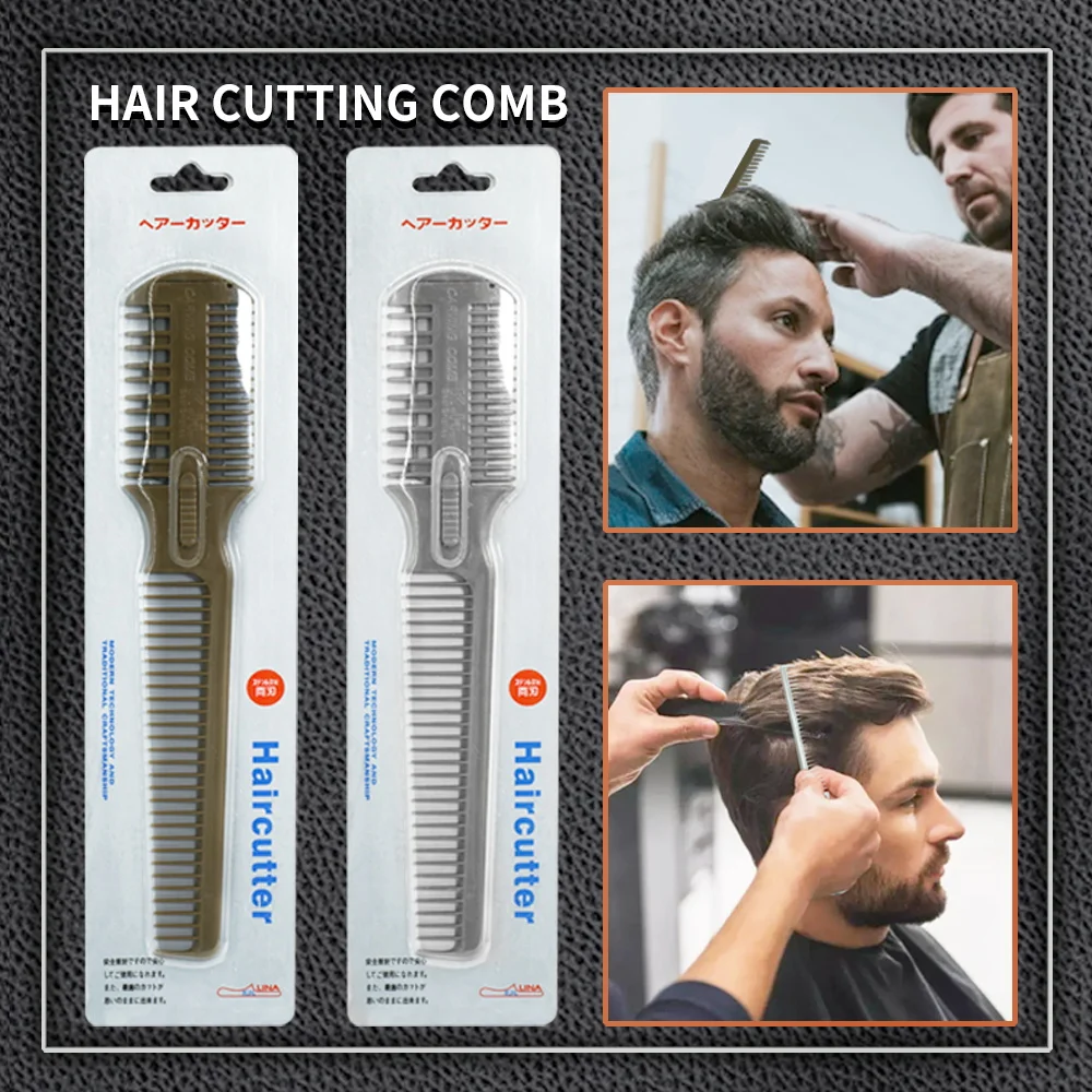 Pente cortador de cabelo com lâminas de barbear, pente de barbeiro de salão de beleza, aparador de cabelo de ponta dividida, modelador para cabelos finos e grossos, ferramenta de estilo de dente largo