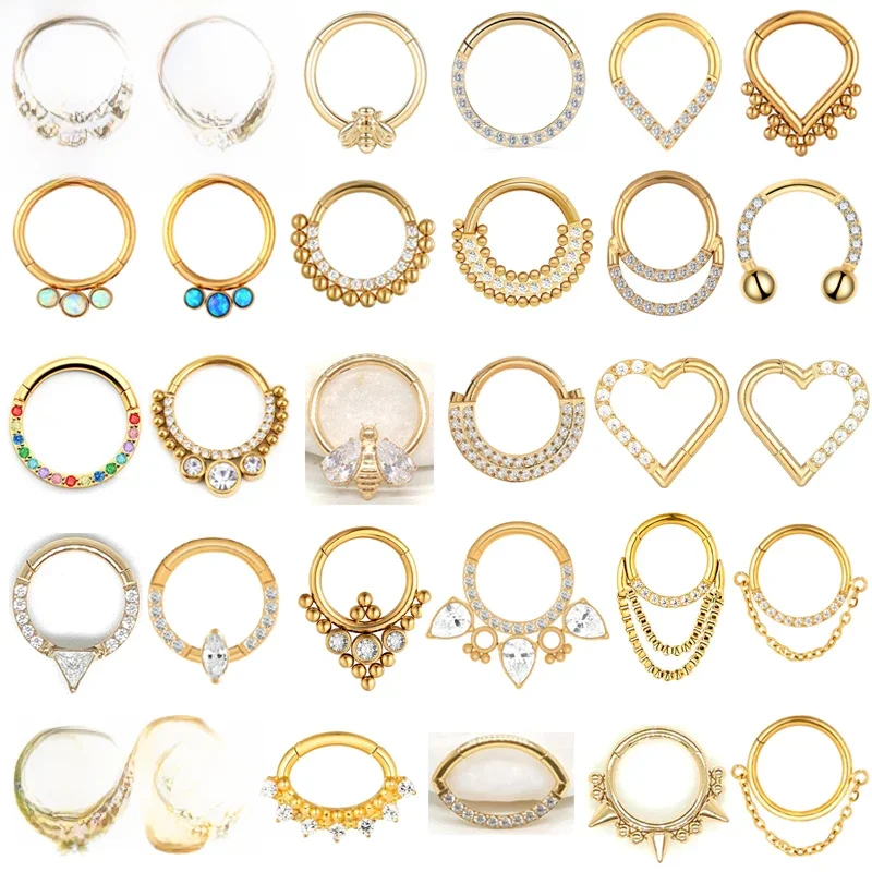 Kolczyki do nosa z tytanu G23, przegubowe kolczyki do przegrody nosowej, clickery, segmenty, kolczyki do ucha, tragusa, chrząstki, helisy, daith, wargi, piercing ciała, złote kolczyki. — zdjęcie 2