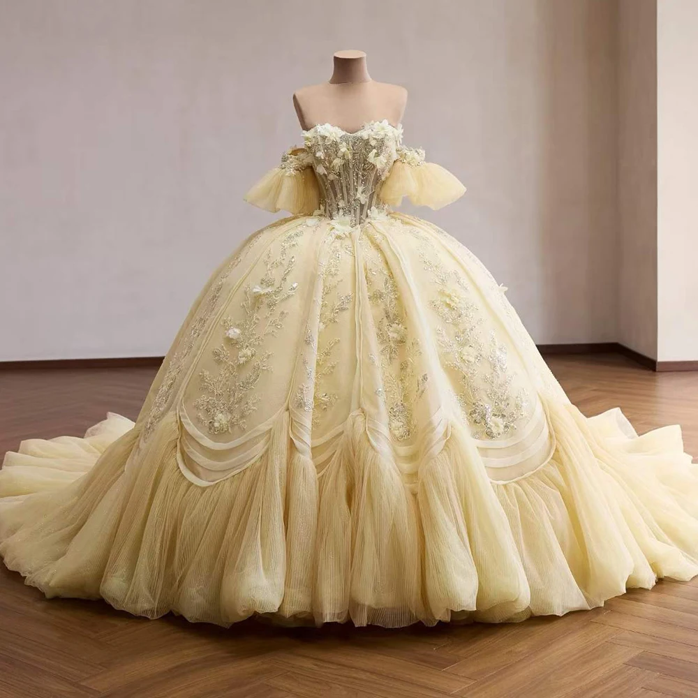 

Princess Birthday Evening Dresss Flower Sweetheart Off Shoulder Detachable Sleeves Lace Up Back Vestidos De 15 Quinceañera