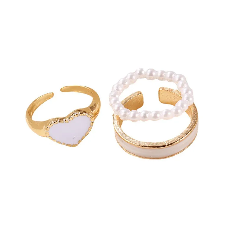 New Fashion Vintage Drop Oil Pearl Opening Rings Set For Women Love Heart  Metal Ring Party Birthday Accessories Jewelry Gifts