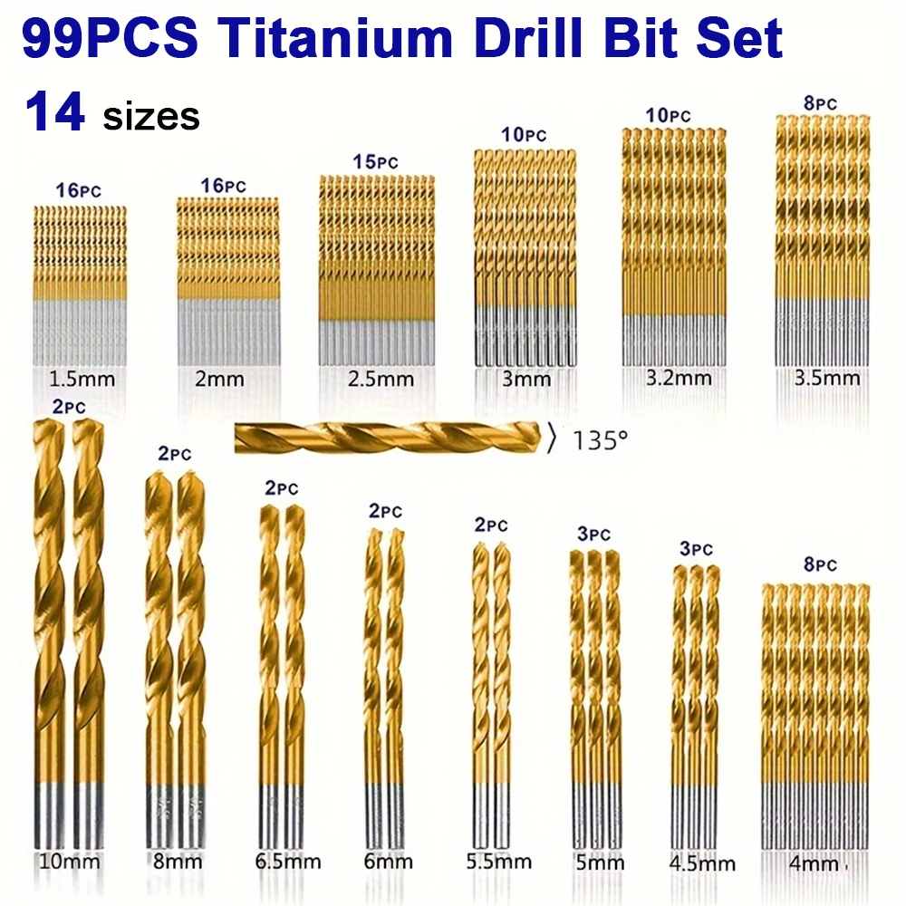 99Pcs HSS 4241 Twist Drill Bit Set with Box, Drilling Hole Tools, Wear Protection Round Shank Titanium Drill Bits for Metal&Wood