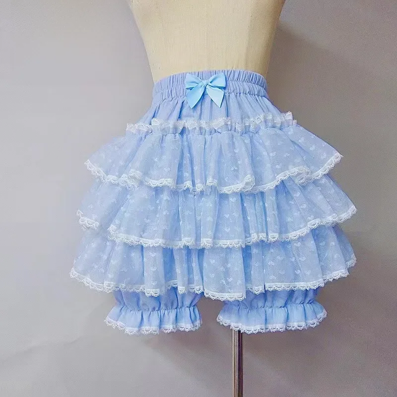Mikolumn Harajuku Kawaii niebieski marszczone spodnie z dyni damskie urocze opaska dziecięca Lolita bezpieczeństwa krótkie spodnie Vintage wiktoriański bloomery — zdjęcie 2