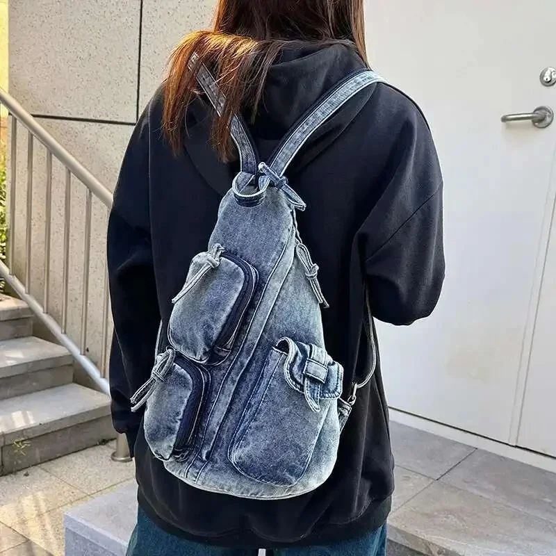 Nowy modny plecak dżinsowy w stylu vintage, kobieca spersonalizowana torba na ramię z wieloma kieszeniami, modny plecak na co dzień — zdjęcie 2