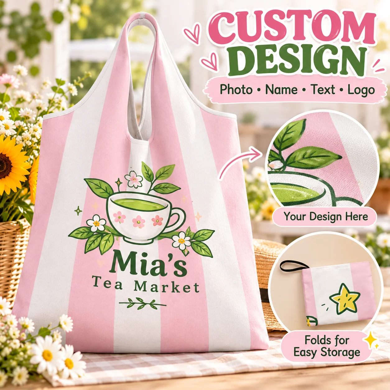 Custom Foldable Tote Bag Personalized Photo Name Text Logo Reusable Shopping Storage Bag Lightweight Travel Grocery Gift