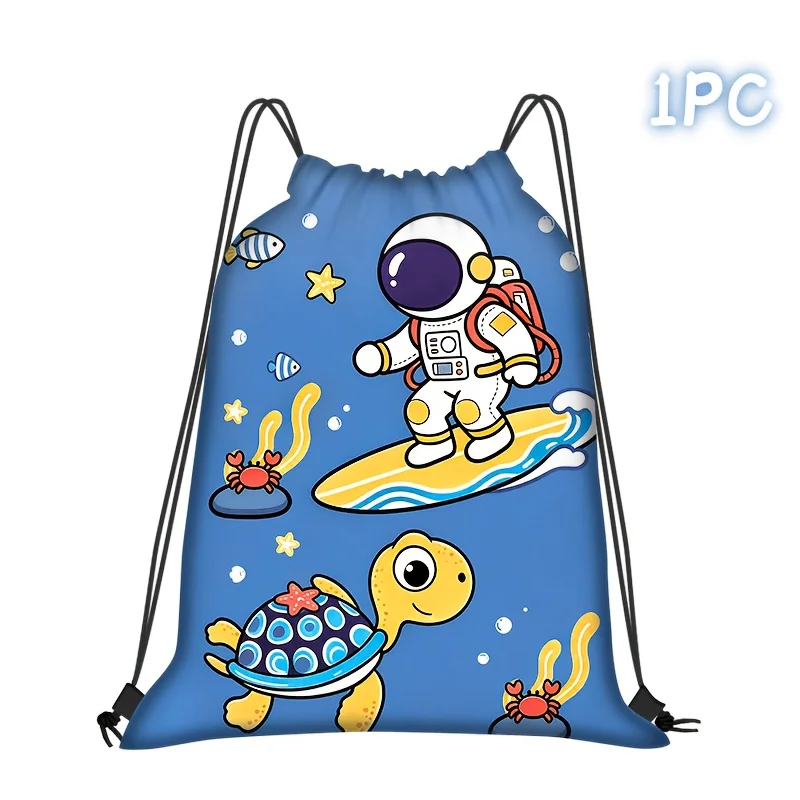 1Pcs Astronaut Surfing Sea Turtle Drawstring Backpack, Cartoon Space Ocean Theme Gym Sack Bag for Sports, Travel & Birthday Part