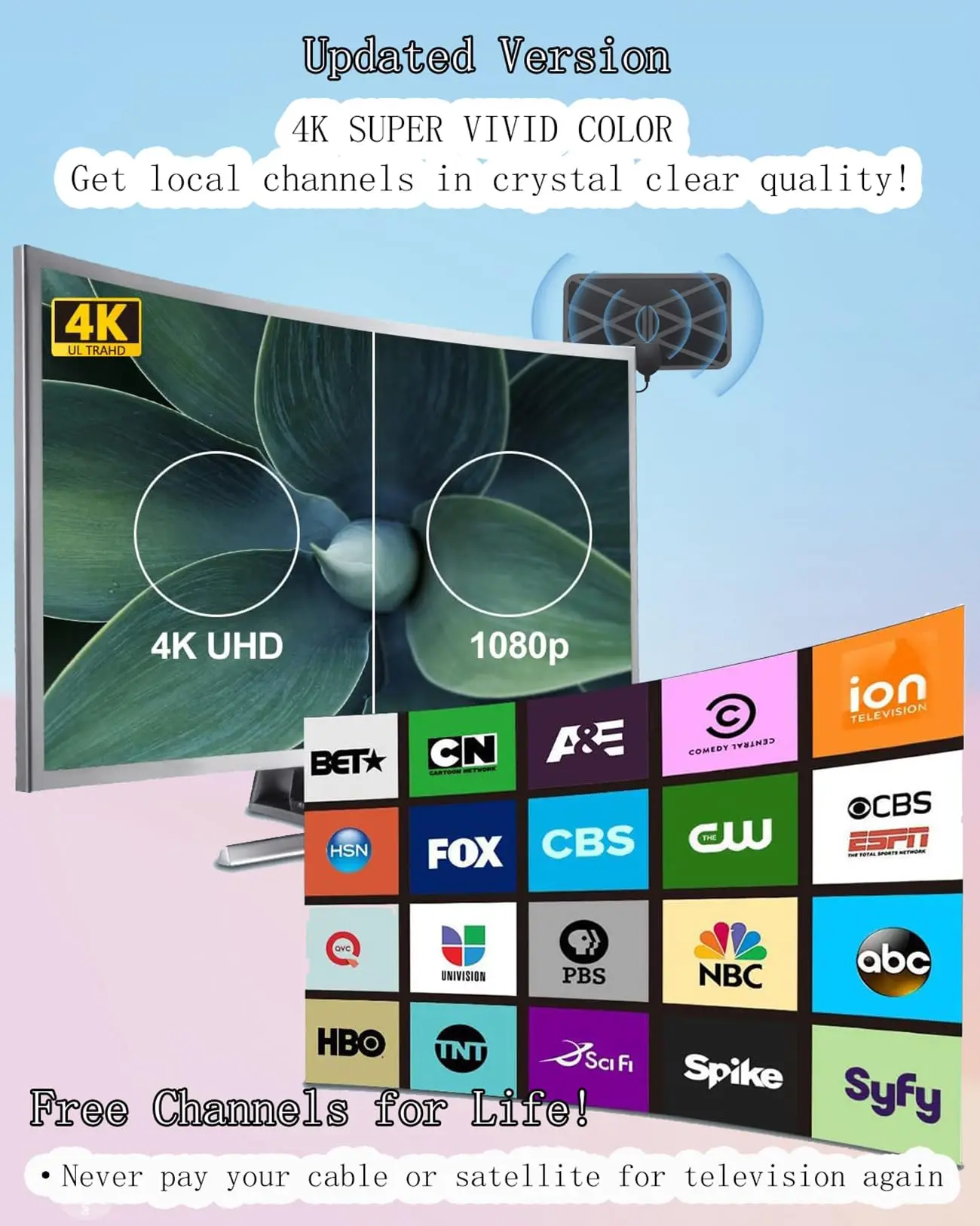 TV Antenna Indoor Digital Antenna Portable TV Antenna for Local Channels Supports 4K 1080p Smart TVs, Includes Signal Amplifier