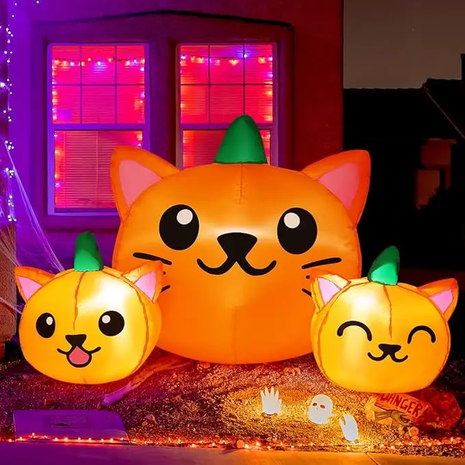 Combinazione di tre teste di gatto zucca gonfiabili di Halloween lunghe 5 piedi con decorazione gonfiabile a LED per feste in giardino in cortile