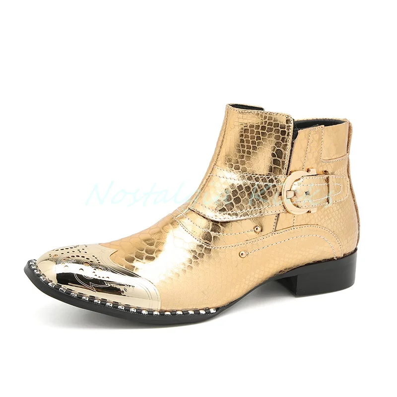 Trendy Men's Black Snake Skin Pattern Ankle Boots Golden Metal Toe Buckle Strap Side Zipper Chelsea Boots Casual Leather Botas