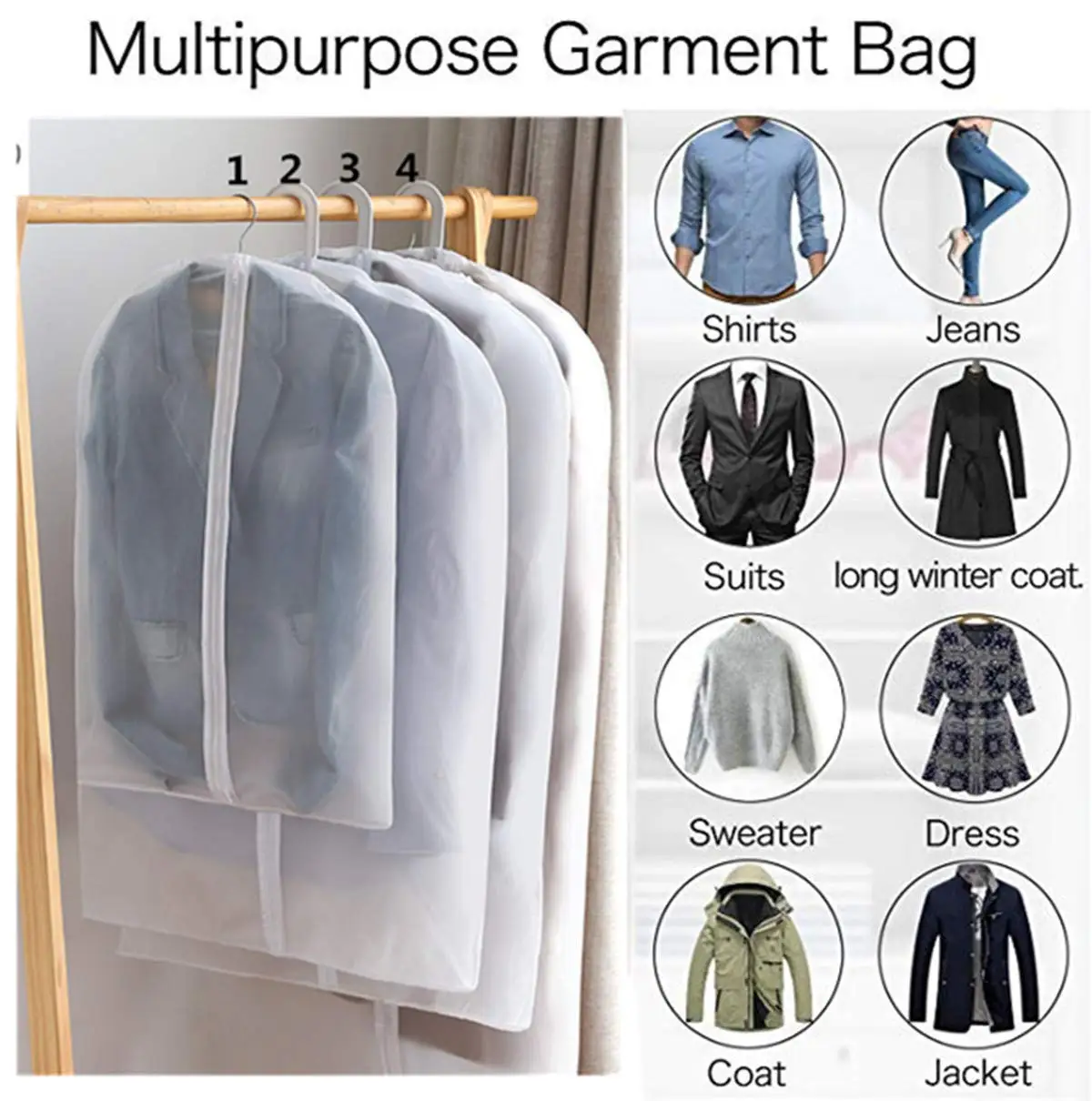 Clear Hanging Garment Bag With Study Zipper PEVA Clothing Dust Cover Closet Suit Protector Storage Bags White up to 140CM/55in