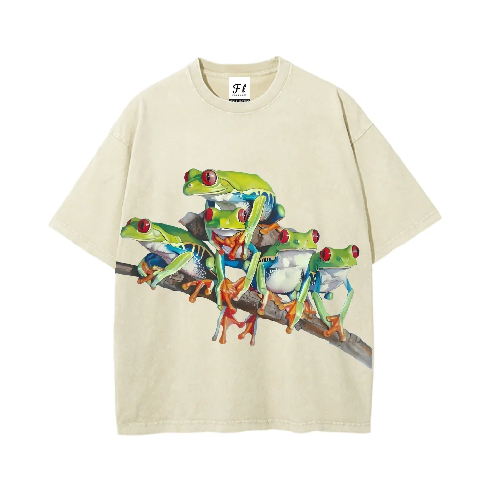

Повседневная стираная футболка с принтом деревных лягушек, удобный топ унисекс с короткими рукавами в винтажном стиле, идеально подходящий для любителей животных на открытом воздухе