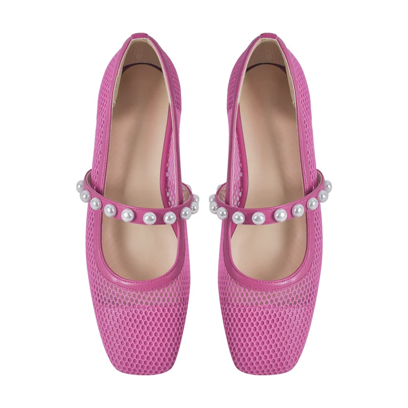Onlymaker Woman Square Toe Flats Pearl Belt Mesh Flats Handmade Buckle Breathable Comfort Mary Jane Shoes