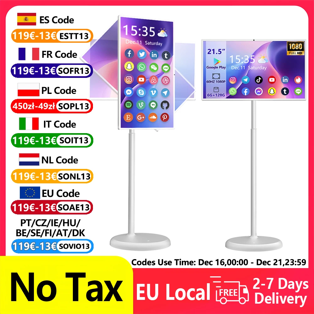 21,5-calowy przenośny telewizor Smart TV, telewizor Android z regulacją wysokości i kółkami, ekran dotykowy 60 Hz 1080P, bateria 8000 mAh, aparat 13 MP, 6 GB + 128 GB