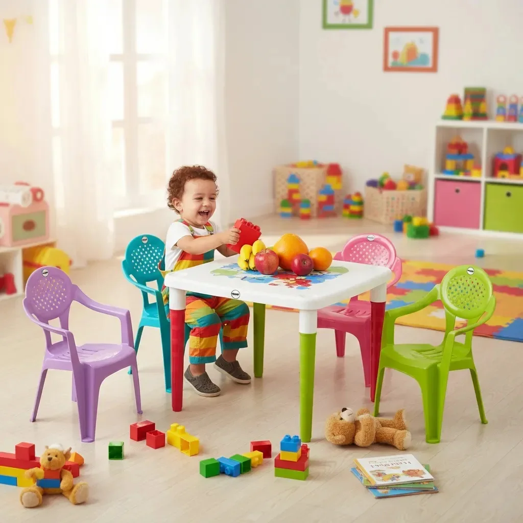 طاولة أطفال قابلة للطي + 4 كراسي أطفال بيضاء |     مجموعة طعام آمنة ومدمجة للأطفال |     مثالية للغرفة أو الحديقة أو المدرسة أو الأنشطة |     سهلة التجميع والتخزين