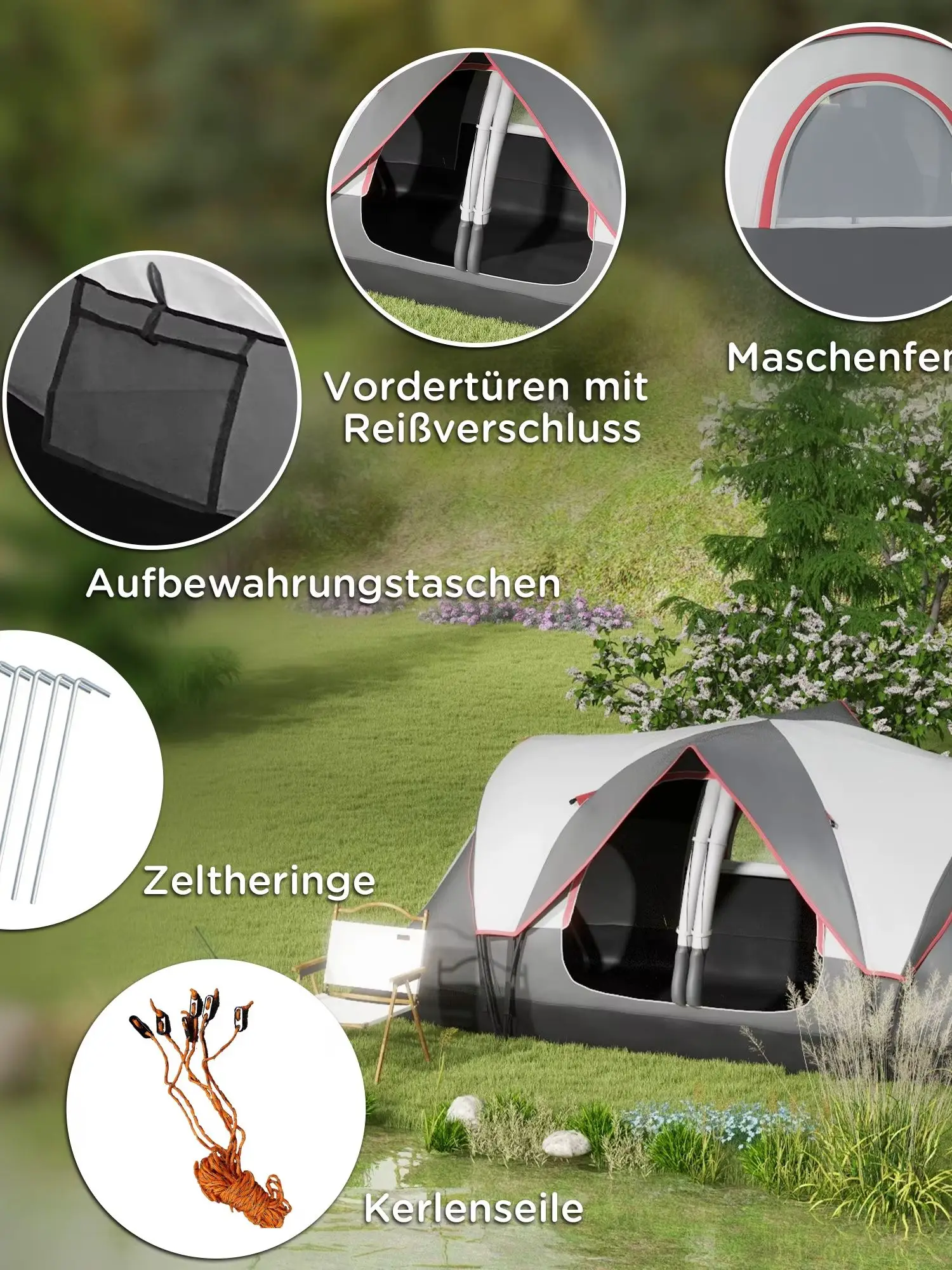 Kampeertent voor 6-8 personen met 2000 mm beschermende regenhoes en draagtas voor vissen, wandelen, festivals, grijs - afbeelding 2