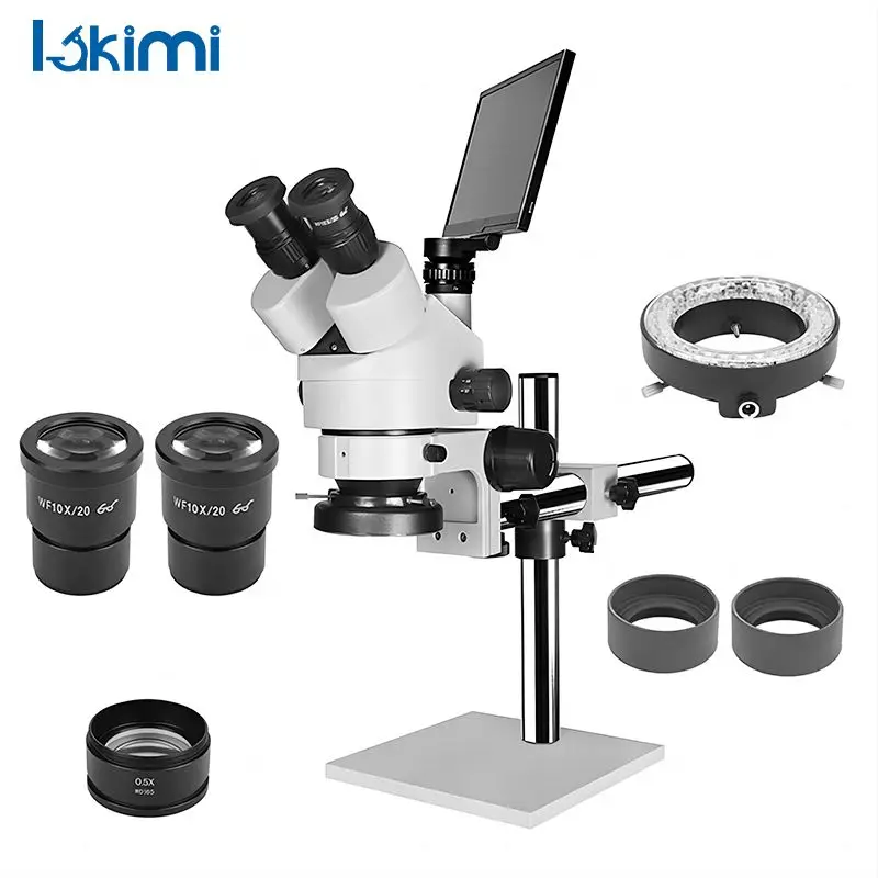 Lakimitools Trinocular Stereoscopic Microscope, 7X-45X Magnification, LCD Digital, LED Light, Single Arm Boom Stand,LK-MS02B