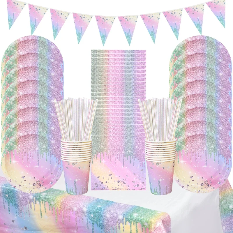 Opalizujący diamentowy zestaw jednorazowej zastawy stołowej Papierowy talerz Kubek Serwetki Dziewczynki Dzieci Urodziny Party Dekoracje Dostawy Baby Shower — zdjęcie 2