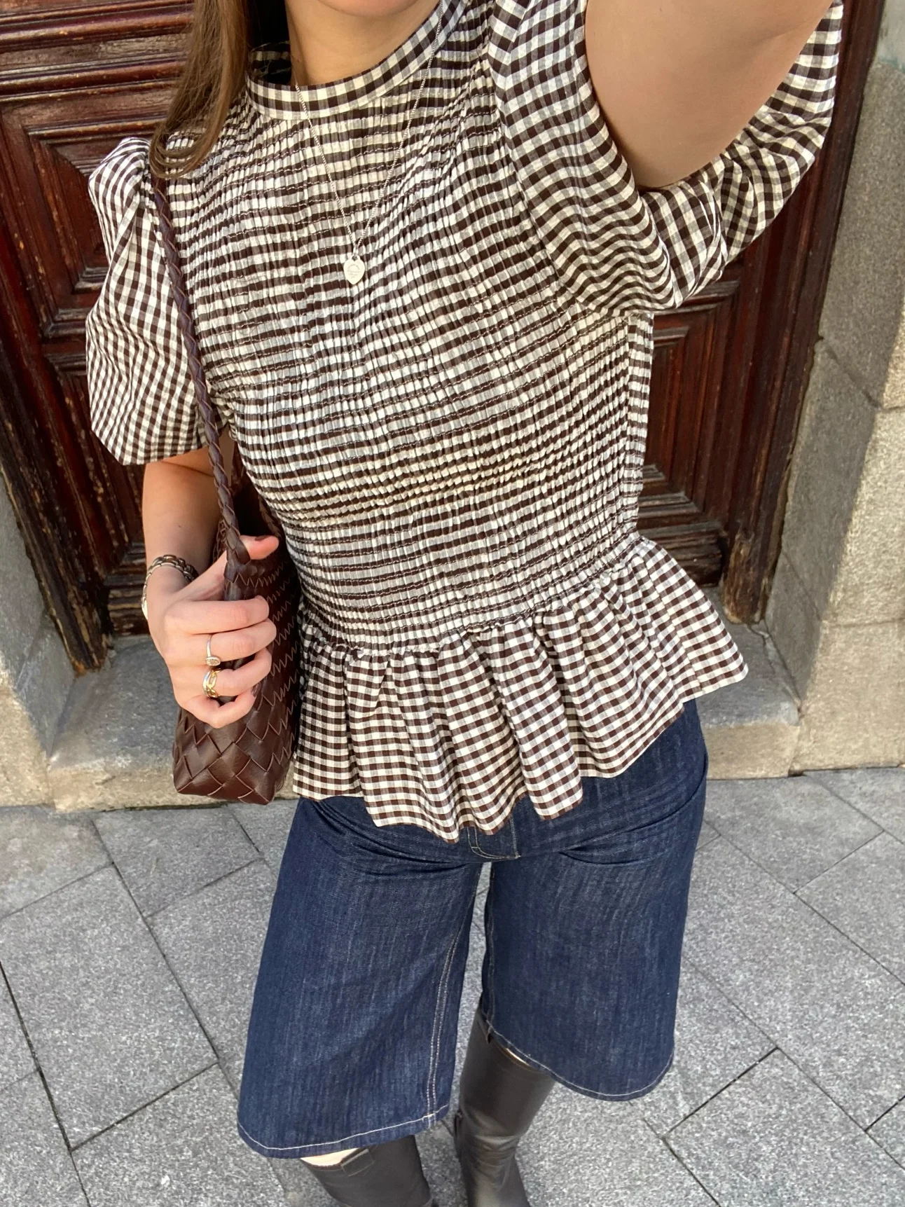 

Элегантные повседневные топы с пышными рукавами, женская рубашка с круглым вырезом в клетку и узором «соты», с коротким рукавом, новинка 2026 года, модные топы весна-лето