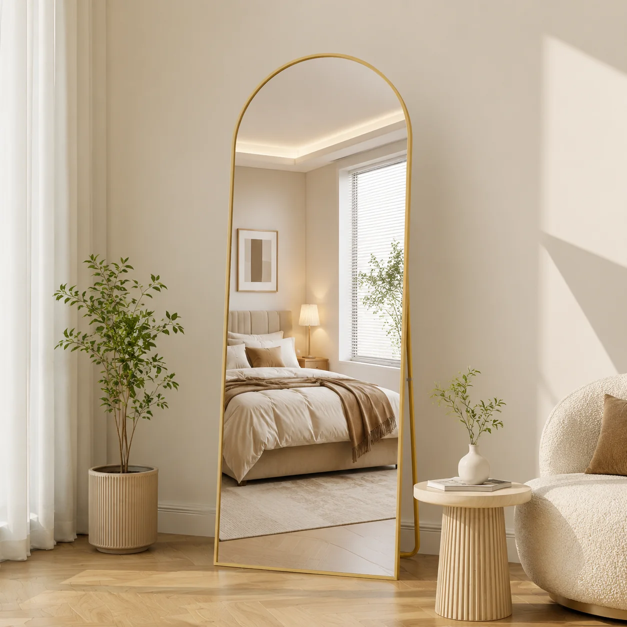 Miroir Arqué 164x54 cm, Minimaliste sur Pied, Grand Miroir de Sol Pleine Longueur, Bombé et Suspendu, Elliptique, pour Chambre Salon Entrée, Doré